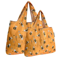 Wrapables Large & Small Foldable Tote Nylon Reusable Grocery Bags, Set of 2 Yellow Bees