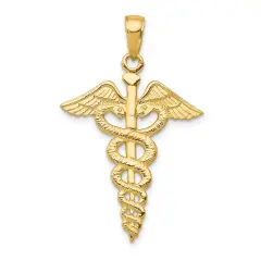 14K Yellow Gold Caduceus Charm Medical Pendant Jewelry 32mm x 21mm