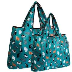 Wrapables Large & Small Foldable Tote Nylon Reusable Grocery Bags, Set of 2 Kitties Everywhere