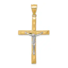 10K Gold & Rhodium Plated Diamond Cut Crucifix Pendant Charm Jewelry 45mm x 21mm