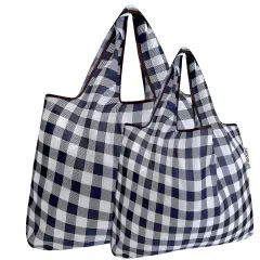 Wrapables Large & Small Foldable Tote Nylon Reusable Grocery Bags, Set of 2 Black Checkers