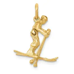 14K Yellow Gold 3D Snow Skier Charm Skiing Sports Jewerly 15mm x 20mm