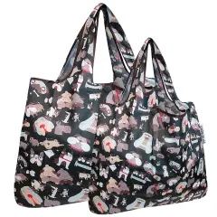 Wrapables Large & Small Foldable Tote Nylon Reusable Grocery Bags, Set of 2 Black Dogs