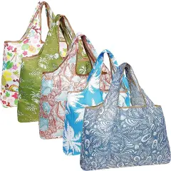 Wrapables Large Foldable Tote Nylon Reusable Grocery Bags, 5 Pack Carefree Paradise
