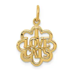 14K Yellow Gold I Love Cats Charm Kitty Cat Pendant Jewerly 22mm x 14mm