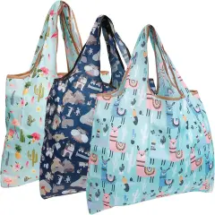 Wrapables Large Foldable Tote Nylon Reusable Grocery Bag, 3 Pack Flamingoes, Dogs