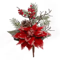 16" ICED POINSETTIA PINE PICK RED - 12 Pieces