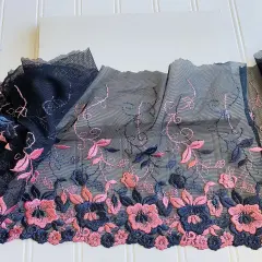 Kitcheniva 7.5" Wide Pink & Dark Grey Floral Embroidered Lace Trim