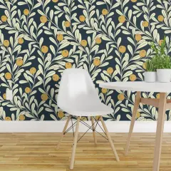 Pre-Pasted Wallpaper 2FT Wide Vines Wallpaper Plants Art Deco Citrus Navy Lemons Mustard Botanical Gardens Climbing Custom Pre-pasted Wallpaper by Spoonflower