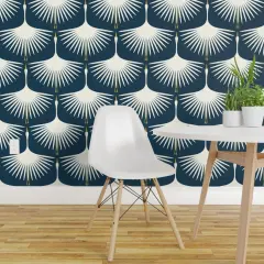Peel & Stick Wallpaper 2FT Wide Art Deco Navy Bird Nature Swan Custom Removable Wallpaper by Spoonflower