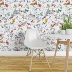 Peel & Stick Wallpaper 2FT Wide Unicorn Fairy Tale Rainbow Toile Castle Mermaid Rabbit Butterfly Bear Custom Removable Wallpaper by Spoonflower