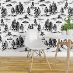 Peel & Stick Wallpaper 2FT Wide Ufo Whimsical Large Scale Black And White Space Alien Custom Removable Wallpaper by Spoonflower