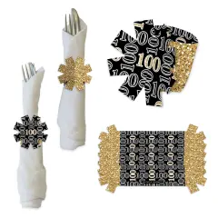 Big Dot of Happiness Adult 100th Birthday - Gold - Birthday Party Paper Napkin Holder - Napkin Rings - Set of 24