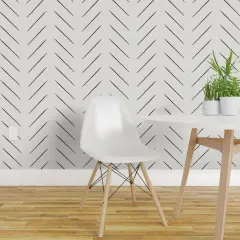 Peel & Stick Wallpaper 2FT Wide Tribal Chevron Black Bone Medium White Herringbone Monochrome Mudcloth Custom Removable Wallpaper by Spoonflower
