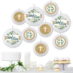 Big Dot of Happiness Elegant Cross - Hanging Religious Party Tissue Decoration Kit - Paper Fans - Set of 9