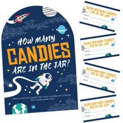 Big Dot of Happiness Blast Off to Outer Space How Many Candies Rocket Ship Baby Shower or Birthday Party Game 1 Stand and 40 Cards Candy Guessing Game
