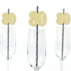Big Dot of Happiness Gold Glitter 80 Party Straws - No-Mess Real Gold Glitter Cut-Out Numbers & Decorative 80th Birthday Party Paper Straws - 24 Ct