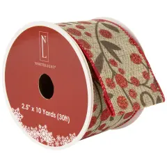 Northlight Red Berry Burlap Style Wired Craft Christmas Ribbon 2.5" x 10 Yards Brown