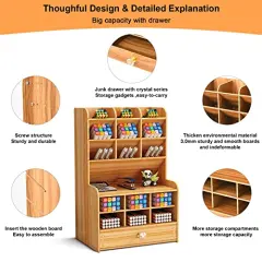 Wooden Pen Organizer, Multi-Functional DIY Pen Holder Box, Desktop Stationary, Easy Assembly, Home Office Art Supplies Organizer Storage with Drawer (B16-Cherry Color)