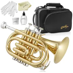 Ashthorpe Bb Brass Pocket Trumpet - Includes Case, Mouthpiece, Gloves, Cleaning Cloth, Valve Oil