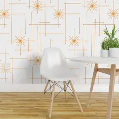Pre-Pasted Wallpaper 2FT Wide Mid Century Atomic Starbursts White Orange Stars Abstract Modern Bold Sun Custom Pre-pasted Wallpaper by Spoonflower