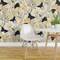 Pre-Pasted Wallpaper 2FT Wide Garden Butterflies Flowers Butterfly Bag Garden Botanical Dill Herbs Caterpillar Swallowtail Rue Chrysalis Custom Pre-pasted Wallpaper by Spoonflower