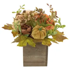 Northlight Floral and Pumpkin Wooden Box Fall Harvest Decoration - 10" x 8" - Orange and Brown