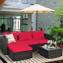 5 Pieces Patio Rattan Sectional Furniture Set with Cushions and Coffee Table Red