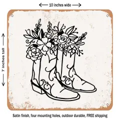 DECORATIVE METAL SIGN - Floral Cowboy Boots - Vintage Rusty Look