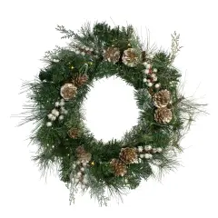 Northlight Pre-Lit Mixed Pine, Berry and Pine Cone Christmas Wreath - 22" - Clear LED Lights Gold