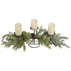 Northlight Triple Candle Holder with Frosted Foliage and Pine Cones Christmas Decoration - 26" Black