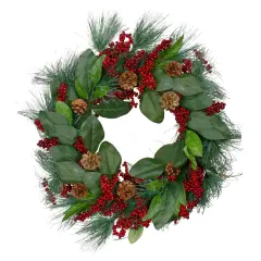 Northlight Leaves, Berry and Pine Needle Artificial Christmas Wreath - 24-Inch, Unlit Green