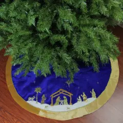 Northlight 48" Blue and Gold Nativity Scene Christmas Tree Skirt with Gold Border