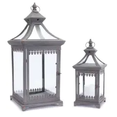 Melrose Set of 2 Brocade Bourgeoisie Weathered Metal and Glass Pillar Candle Holder Lanterns 29" Gray