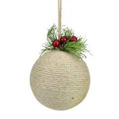 Napco Beige Twine with Holly Berries Christmas Ball Ornament 5.5" (130mm)