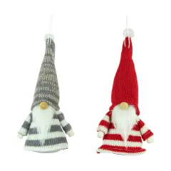 Northlight Set of 2 Red and Gray Striped Gnome Plush Christmas Ornaments 6.25"