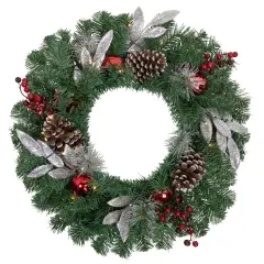 Northlight Pre-Lit Battery Operated Frosted Pine Cone and Berries Christmas Wreath - 24" - White LED Lights Green