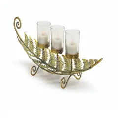 Melrose 18" Golden Patina Laying Fern with Three Votive Cups Table Top Decoration