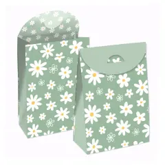 Big Dot of Happiness Sage Green Daisy Flowers - Floral Gift Favor Bags - Party Goodie Boxes - Set of 12