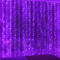Perfect Holiday 300 LED Curtain String Lights Plug In - 8 Light Modes - Remote Control Included Purple