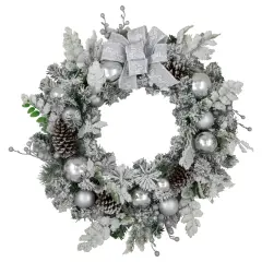Northlight Glitter and Frosted Foliage Artificial Christmas Wreath with Bow, 30-Inch, Unlit White