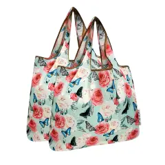 Wrapables Medium Foldable Tote Nylon Reusable Grocery Bag (Set of 2), Rose and Butterfly