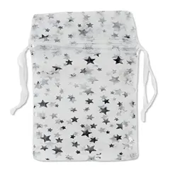 Medium Organza White Pouch with Silver Stars (Package of 12)