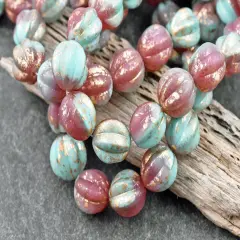 *15* 12mm Gold Washed Rose Pink & Turquoise Round Melon Beads