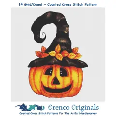Folk Art Pumpkin Witch Hat Detail Halloween Counted Cross Stitch Pattern