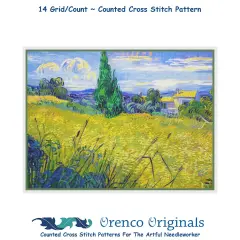 Green Wheat Field with Cypress Trees inspired by Impressionist Vincent Van Gogh's Painting Counted Cross Stitch Pattern