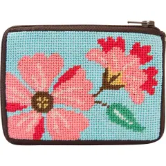 Pink Flowers Needlepoint Coin Purse Kit-- Stitch & Zip Multicolor