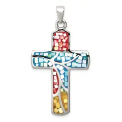 Sterling Silver Mulitcolored Shell Cross Charm Jewerly 49mm x 29mm