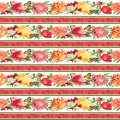 Morning Blossom Border Stripe White Background Cotton Fabric by Northcott BTY