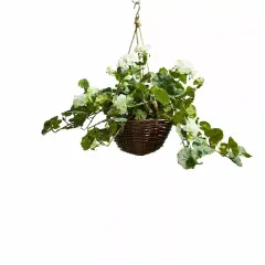 Faux Flower Hanging Basket White Geranium Patio Indoor Garden Lifelike Decor